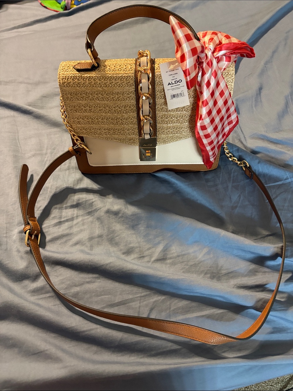 ALDO Straw-Trim Satchel in White and Brown with Red Scarf nwt